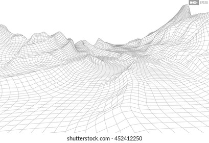 Abstract vector wireframe landscape background. Cyberspace grid. 3d technology wireframe vector illustration. Digital wireframe landscape for presentations .