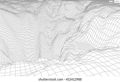 Abstract vector wireframe landscape background. Cyberspace grid. 3d technology wireframe vector illustration. Digital wireframe landscape for presentations .