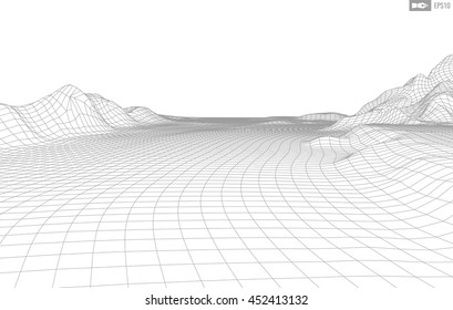 Abstract vector wireframe landscape background. Cyberspace grid. 3d technology wireframe vector illustration. Digital wireframe landscape for presentations .