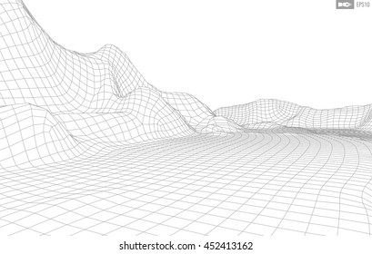 Abstract vector wireframe landscape background. Cyberspace grid. 3d technology wireframe vector illustration. Digital wireframe landscape for presentations .