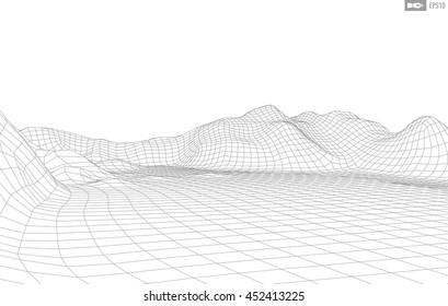 Abstract vector wireframe landscape background. Cyberspace grid. 3d technology wireframe vector illustration. Digital wireframe landscape for presentations .