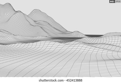 Abstract vector wireframe landscape background. Cyberspace grid. 3d technology wireframe vector illustration. Digital wireframe landscape for presentations .