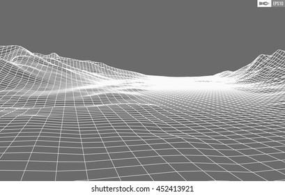 Abstract vector wireframe landscape background. Cyberspace grid. 3d technology wireframe vector illustration. Digital wireframe landscape for presentations .