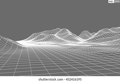 Abstract vector wireframe landscape background. Cyberspace grid. 3d technology wireframe vector illustration. Digital wireframe landscape for presentations .