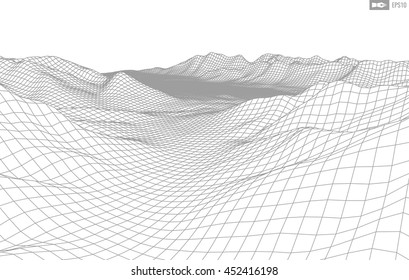 Abstract vector wireframe landscape background. Cyberspace grid. 3d technology wireframe vector illustration. Digital wireframe landscape for presentations .