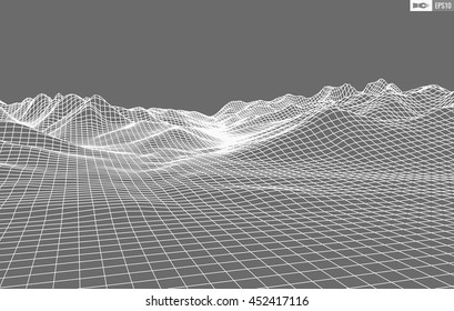 Abstract vector wireframe landscape background. Cyberspace grid. 3d technology wireframe vector illustration. Digital wireframe landscape for presentations .