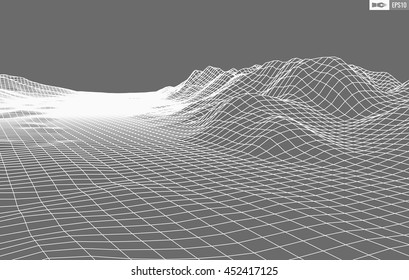 Abstract vector wireframe landscape background. Cyberspace grid. 3d technology wireframe vector illustration. Digital wireframe landscape for presentations .