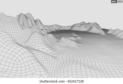 Abstract vector wireframe landscape background. Cyberspace grid. 3d technology wireframe vector illustration. Digital wireframe landscape for presentations .