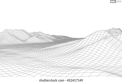 Abstract vector wireframe landscape background. Cyberspace grid. 3d technology wireframe vector illustration. Digital wireframe landscape for presentations .