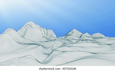 Abstract vector wireframe landscape background. Cyberspace grid. 3D wire frame surrounding.  3d technology wireframe vector illustration. Digital landscape for presentations . Polygonal surface. Sky.