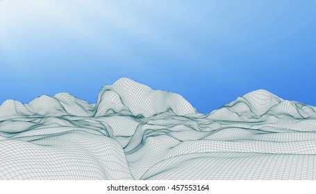 Abstract vector wireframe landscape background. Cyberspace grid. 3D wire frame surrounding.  3d technology wireframe vector illustration. Digital landscape for presentations . Polygonal surface. Sky.