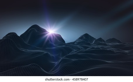 Abstract vector wireframe landscape background. Cyberspace grid. 3D wire frame surrounding.  3d technology wireframe vector illustration. Digital landscape for presentations . Polygonal surface.Sun
