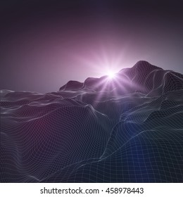 Abstract vector wireframe landscape background. Cyberspace grid. 3D wire frame surrounding.  3d technology wireframe vector illustration. Digital landscape for presentations . Polygonal surface.Sun