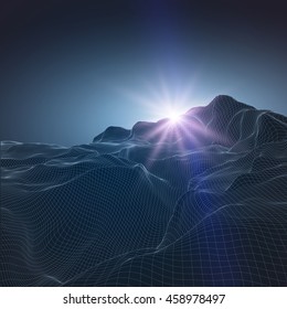 Abstract vector wireframe landscape background. Cyberspace grid. 3D wire frame surrounding.  3d technology wireframe vector illustration. Digital landscape for presentations . Polygonal surface.Sun