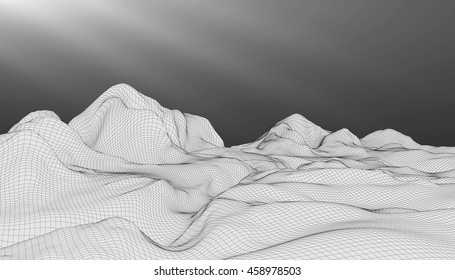 Abstract vector wireframe landscape background. Cyberspace grid. 3D wire frame surrounding.  3d technology wireframe vector illustration. Digital landscape for presentations . Polygonal surface.Sun