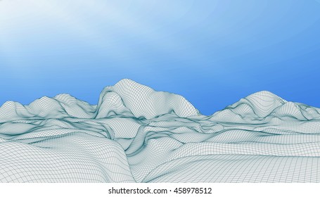 Abstract vector wireframe landscape background. Cyberspace grid. 3D wire frame surrounding.  3d technology wireframe vector illustration. Digital landscape for presentations . Polygonal surface.Sun