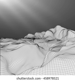Abstract vector wireframe landscape background. Cyberspace grid. 3D wire frame surrounding.  3d technology wireframe vector illustration. Digital landscape for presentations . Polygonal surface.Sun