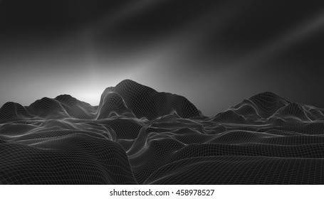 Abstract vector wireframe landscape background. Cyberspace grid. 3D wire frame surrounding.  3d technology wireframe vector illustration. Digital landscape for presentations . Polygonal surface.Sun