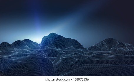 Abstract vector wireframe landscape background. Cyberspace grid. 3D wire frame surrounding.  3d technology wireframe vector illustration. Digital landscape for presentations . Polygonal surface.Sun