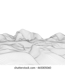 Abstract vector wireframe landscape background. Cyberspace grid. 3D wire frame surrounding.  3d  wireframe vector illustration. Digital landscape for presentations . Polygonal surface.