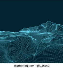 Abstract vector wireframe landscape background. Cyberspace grid. 3D wire frame surrounding.  3d  wireframe vector illustration. Digital landscape for presentations . Polygonal surface.