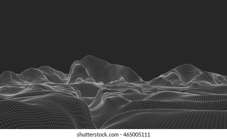 Abstract vector wireframe landscape background. Cyberspace grid. 3D wire frame surrounding.  3d  wireframe vector illustration. Digital landscape for presentations . Polygonal surface.