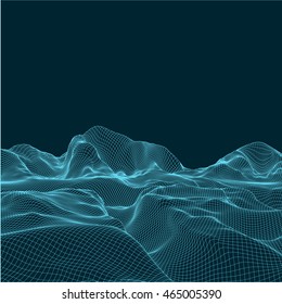 Abstract vector wireframe landscape background. Cyberspace grid. 3D wire frame surrounding.  3d  wireframe vector illustration. Digital landscape for presentations . Polygonal surface.
