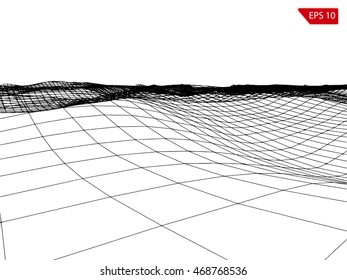 Abstract vector wireframe landscape background. Cyberspace grid. Height map drawing. Black grid on white background