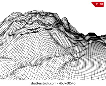 Abstract vector wireframe landscape background. Cyberspace grid. Height map drawing. Black grid on white background