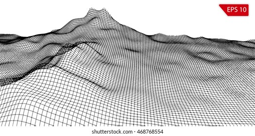 Abstract vector wireframe landscape background. Cyberspace grid. Height map drawing. Black grid on white background