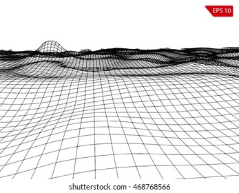 Abstract vector wireframe landscape background. Cyberspace grid. Height map drawing. Black grid on white background