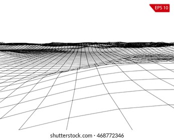 Abstract vector wireframe landscape background. Cyberspace grid. Height map drawing. Black grid on white background