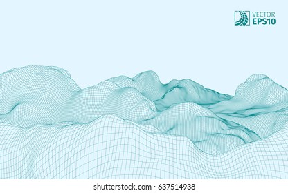 Abstract vector wireframe landscape background. Cyberspace grid. 3d technology wireframe vector illustration. Digital landscape for presentations . Polygonal surface.