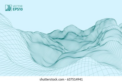 Abstract vector wireframe landscape background. Cyberspace grid. 3d technology wireframe vector illustration. Digital landscape for presentations . Polygonal surface.