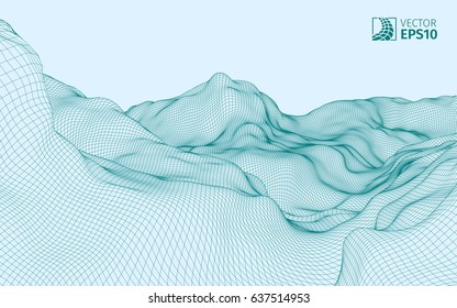 Abstract vector wireframe landscape background. Cyberspace grid. 3d technology wireframe vector illustration. Digital landscape for presentations . Polygonal surface.