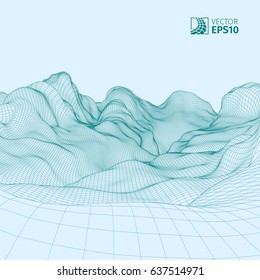 Abstract vector wireframe landscape background. Cyberspace grid. 3d technology wireframe vector illustration. Digital landscape for presentations . Polygonal surface.