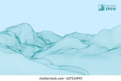 Abstract vector wireframe landscape background. Cyberspace grid. 3d technology wireframe vector illustration. Digital landscape for presentations . Polygonal surface.
