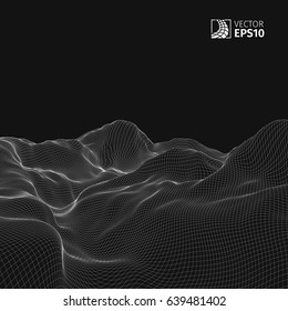 Abstract vector wireframe landscape background. Cyberspace grid. 3D wire frame surrounding.  3d technology wireframe vector illustration. Digital landscape for presentations . Polygonal surface.