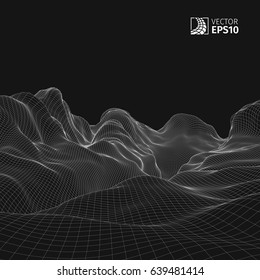 Abstract vector wireframe landscape background. Cyberspace grid. 3D wire frame surrounding.  3d technology wireframe vector illustration. Digital landscape for presentations . Polygonal surface.