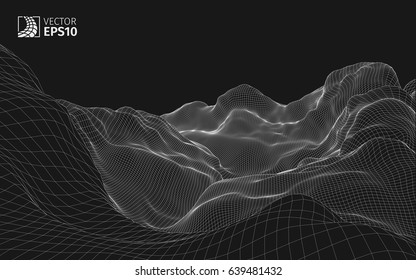 Abstract vector wireframe landscape background. Cyberspace grid. 3D wire frame surrounding.  3d technology wireframe vector illustration. Digital landscape for presentations . Polygonal surface.