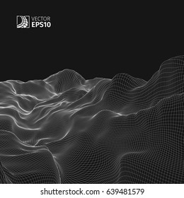 Abstract vector wireframe landscape background. Cyberspace grid. 3D wire frame surrounding.  3d technology wireframe vector illustration. Digital landscape for presentations . Polygonal surface.