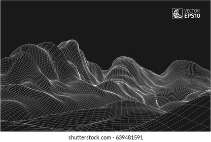 Abstract vector wireframe landscape background. Cyberspace grid. 3D wire frame surrounding.  3d technology wireframe vector illustration. Digital landscape for presentations . Polygonal surface.