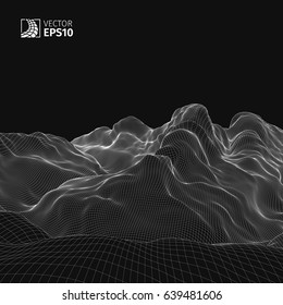 Abstract vector wireframe landscape background. Cyberspace grid. 3D wire frame surrounding.  3d technology wireframe vector illustration. Digital landscape for presentations . Polygonal surface.