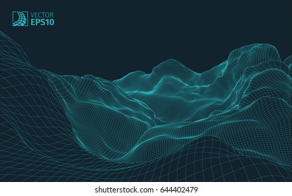 
Abstract vector wireframe landscape background. Cyberspace grid. 3D wire frame surrounding.  3d technology wireframe vector illustration. Digital landscape for presentations . Polygonal surface.
