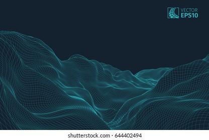 
Abstract vector wireframe landscape background. Cyberspace grid. 3D wire frame surrounding.  3d technology wireframe vector illustration. Digital landscape for presentations . Polygonal surface.
