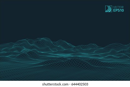 
Abstract vector wireframe landscape background. Cyberspace grid. 3D wire frame surrounding.  3d technology wireframe vector illustration. Digital landscape for presentations . Polygonal surface.
