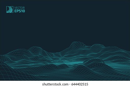 
Abstract vector wireframe landscape background. Cyberspace grid. 3D wire frame surrounding.  3d technology wireframe vector illustration. Digital landscape for presentations . Polygonal surface.
