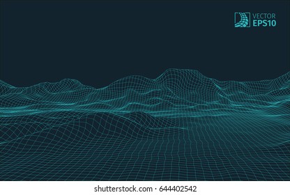 
Abstract vector wireframe landscape background. Cyberspace grid. 3D wire frame surrounding.  3d technology wireframe vector illustration. Digital landscape for presentations . Polygonal surface.
