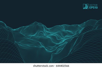 
Abstract vector wireframe landscape background. Cyberspace grid. 3D wire frame surrounding.  3d technology wireframe vector illustration. Digital landscape for presentations . Polygonal surface.
