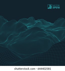
Abstract vector wireframe landscape background. Cyberspace grid. 3D wire frame surrounding.  3d technology wireframe vector illustration. Digital landscape for presentations . Polygonal surface.
